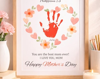 Moederdagknutsel voor kinderen, handafdruk hartactiviteit, op geloof gebaseerd cadeau van kind, doe-het-zelfkaart voor kinderen