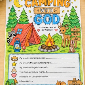May include: A colourful activity sheet titled CAMPING WITH GOD featuring a red tent, campfire, forest animals, and stars. The page includes fill-in-the-blank prompts about camping and faith, decorated with illustrations of a raccoon, deer, rabbit, and squirrel.