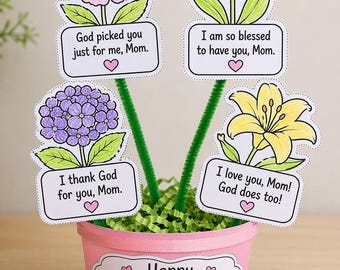 Manualidad cristiana para colorear flores del Día de la Madre para niños / Mensajes basados en la fe para imprimir / Actividad para la escuela dominical / Regalo para mamá