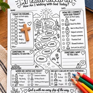 May include: A white paper worksheet titled My Faith Check-In with black line art illustrations including a winding path, a cross, and checkboxes for daily reflection. A small wooden cross and several coloured pencils rest on the page.