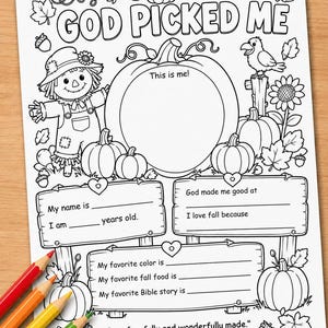 Peut inclure: Une page de coloriage imprimable en noir et blanc avec le texte GOD PICKED ME, un épouvantail, des citrouilles, un oiseau et des tournesols. La feuille inclut des espaces pour des détails personnels, des thèmes d'automne et le verset Psalm 139:14.