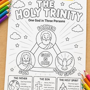 Holy Trinity Coloring Page for Kids | Father Son Holy Spirit Worksheet, Explanation | Christian Kids Activity | Sunday School Printable