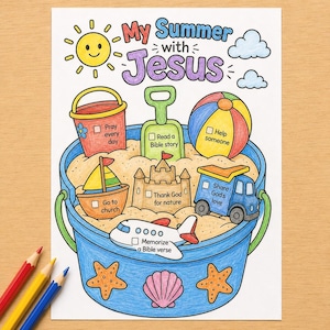 Op de afbeelding: Een kleurplaat met de titel My Summer with Jesus met een grote blauwe emmer gevuld met zand en strandspeelgoed, waaronder een schep, zeilboot, zandkasteel, vrachtwagen, vliegtuig en bal, elk voorzien van een selectievakje.