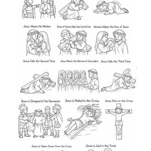 May include: Black and white illustrations depicting the Stations of the Cross. The title "The Stations of the Cross" is at the top. Each station is labeled with a brief description, showing scenes from Jesus's final journey.