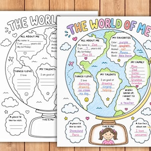 Peut inclure: Deux feuilles d'activités imprimables intitulées The World of Me présentant une illustration de globe avec des sections pour remplir des détails personnels comme le nom, l'âge, les favoris, la famille et les talents. Une feuille est vierge.
