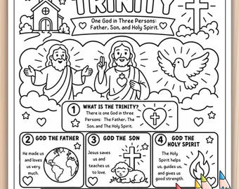 May include: Black and white line art coloring page titled "The Holy Trinity." The image depicts religious figures, a church, a cross, and text explaining the Trinity. Includes illustrations of the Father, Son, and Holy Spirit.