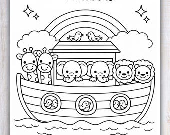 Dibujo para colorear del Arca de Noé para niños / Dibujos bíblicos para colorear / Actividad del Génesis para niños / Hoja para colorear cristiana / Escuela dominical, Arca de los animales