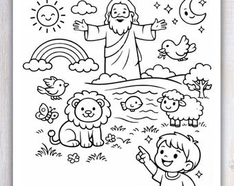 Página para colorear: Dios creó todo / Lámina para colorear de la Creación / Actividad cristiana para niños / Página para colorear de la Biblia, Génesis (imprimible)