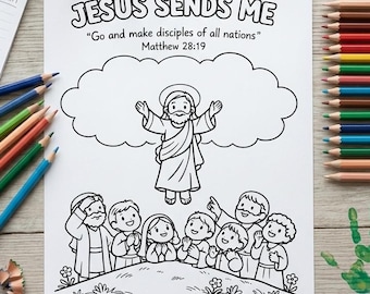 Jezus stuurt me handafdrukken, kleurplaat Jezus hemelvaart voor kinderen, op geloof gebaseerd, christelijke kleurplaat, afdrukbare bijbelactiviteit