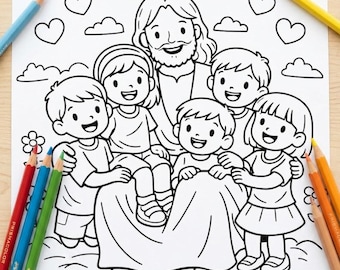 Página para colorear "Jesús me ama" para niños, versículo bíblico para imprimir, "Dejen que los niños vengan a mí", actividad cristiana para niños, para colorear en la escuela dominical.