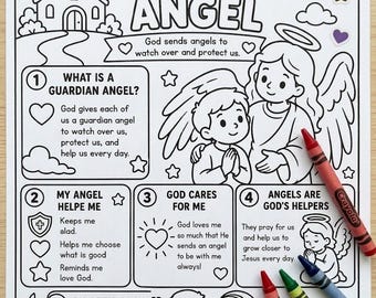 Dibujo para colorear del ángel de la guarda para niños / Hoja de oración imprimible / Actividad religiosa / Aprendizaje de la fe / PDF para la escuela dominical