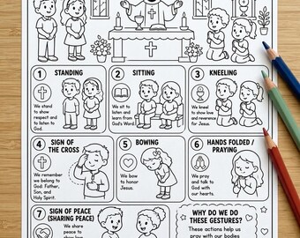 Gestos para la Misa (imprimible), Guía para niños sobre cómo ponerse de pie, arrodillarse y sentarse, Hoja de trabajo sobre el comportamiento en la Misa, Preparación para la Primera Comunión, Actividad para niños católicos