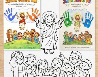 Jezus stuurt me handafdrukken, kleurplaat Jezus hemelvaart voor kinderen, op geloof gebaseerd, christelijke kleurplaat, afdrukbare bijbelactiviteit