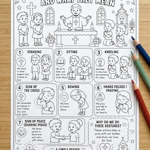 May include: Black and white illustrated educational poster titled "Gestures at Mass and What They Mean." The poster depicts various gestures with corresponding explanations, including standing, sitting, kneeling, and bowing. Colored pencils are visible.