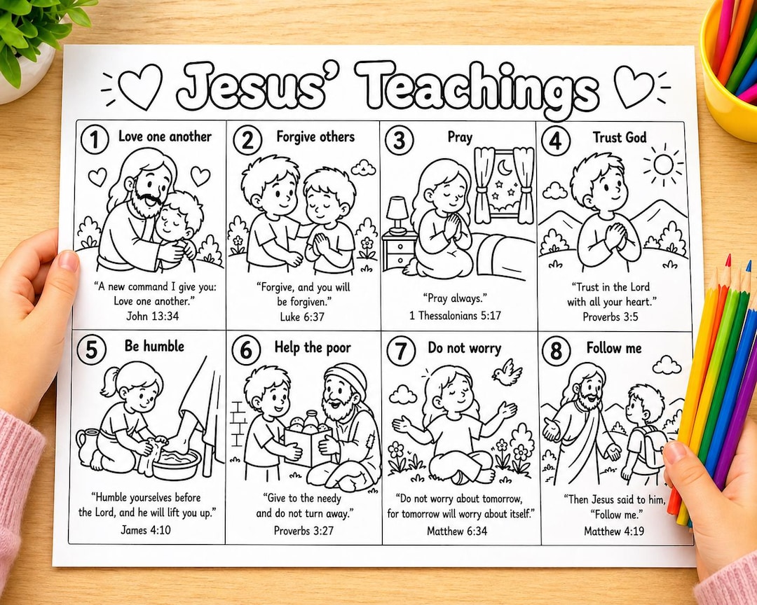 Jesus’ Teachings Coloring Page Printable | Bible Verses for Kids ...