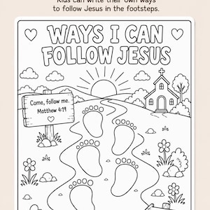 Op de afbeelding: Zwart-wit kleurplaat met de tekst "WAYS I CAN FOLLOW JESUS". Bevat een pad van voetstappen dat naar een kerk leidt, met de tekst "Come, follow me. Matthew 4:19" en "I can follow Jesus every day!"