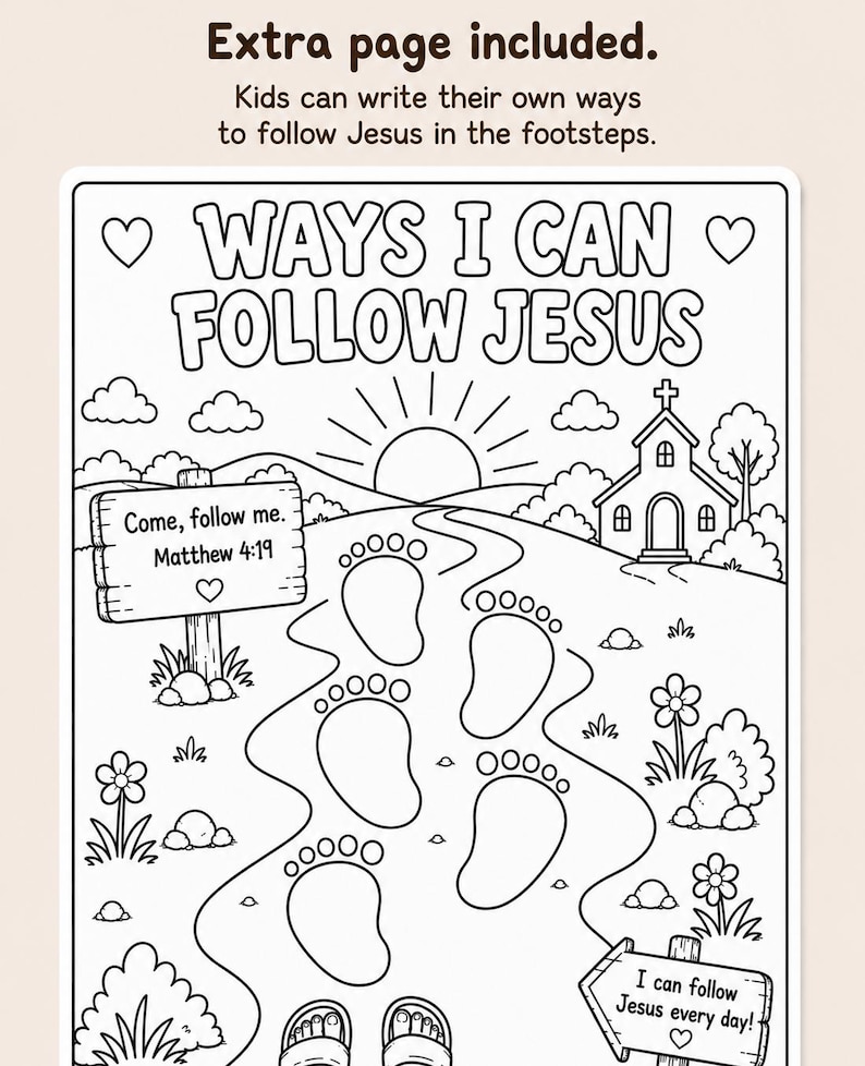 Op de afbeelding: Zwart-wit kleurplaat met de tekst "WAYS I CAN FOLLOW JESUS". Bevat een pad van voetstappen dat naar een kerk leidt, met de tekst "Come, follow me. Matthew 4:19" en "I can follow Jesus every day!"