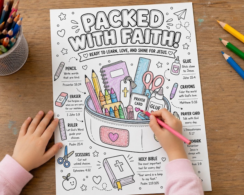May include: A white coloring page titled PACKED WITH FAITH! featuring a pencil case filled with school supplies like pencils, crayons, a ruler, and glue. The page includes religious text, illustrations of a Bible, scissors, and an eraser, with labels and scripture references for each item.