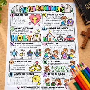 May include: A printable activity sheet titled The Ten Commandments featuring ten numbered sections with illustrations and text for children to color. The page includes drawings of hearts, a church, wedding rings, and children, with instructions for each commandment.