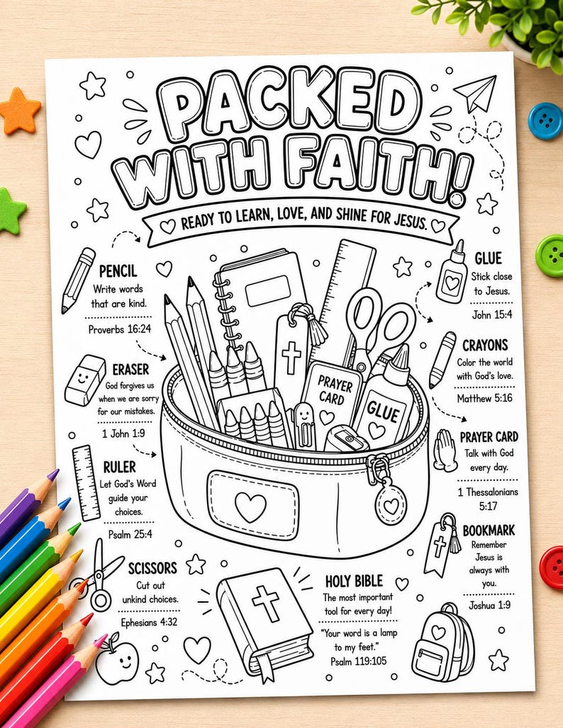 May include: A black and white coloring page titled PACKED WITH FAITH! READY TO LEARN, LOVE, AND SHINE FOR JESUS. It features a pencil case filled with school supplies like pencils, crayons, scissors, and a Bible, surrounded by labels and scripture.