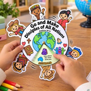 Puede incluir: Una manualidad de papel circular con una ilustración central del globo terráqueo y el texto Go and Make Disciples of All Nations Matthew 28:19. Un segmento giratorio muestra una mochila morada, el texto Love others like Jesus loves you y Australia.
