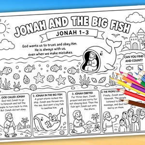 May include: A black and white printable coloring sheet titled Jonah and the Big Fish featuring a large whale, underwater scenes, and four narrative panels with text. A set of colored pencils is placed over the bottom right corner of the page.