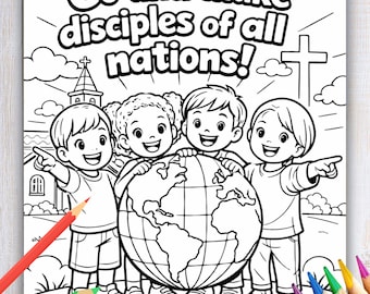 Página para colorear de la Gran Comisión para niños / Ascensión de Jesús / Versículo bíblico / Actividad cristiana para niños / Imprimible con temática misionera