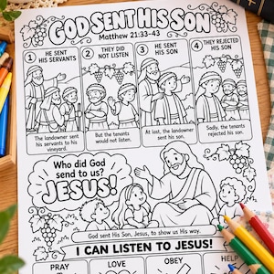 Puede incluir: Una hoja para colorear imprimible en blanco y negro titulada God Sent His Son, que presenta una tira cómica de cuatro paneles sobre Mateo 21:33-43, una gran ilustración de Jesús con niños y recuadros de actividades Pray, Love, Obey y Help.