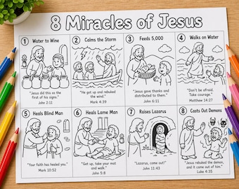 Miracles of Jesus Coloring Page Printable | Bible Story for Kids | Sunday School Activity | Christian Homeschool Worksheet, Bible Verse
