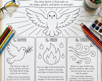 Símbolos del Espíritu Santo para imprimir / Página para colorear de Pentecostés + Aprendizaje / Actividad de Pentecostés para niños / Escuela Dominical / Confirmación