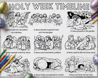 Holy Week Timeline Coloring Page Printable, Easter Story Countdown Coloring, Sunday School Activity, Kids Bible Lesson