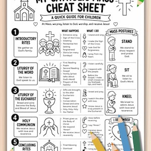 May include: A black and white educational print titled My Catholic Mass Cheat Sheet, A Quick Guide for Children. It outlines five stages of the Mass with numbered sections, icons, and text explaining rites, postures, and prayers for children.