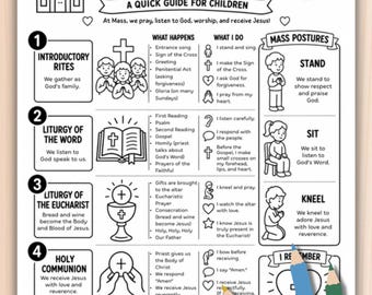May include: A black and white educational print titled My Catholic Mass Cheat Sheet, A Quick Guide for Children. It outlines five stages of the Mass with numbered sections, icons, and text explaining rites, postures, and prayers for children.