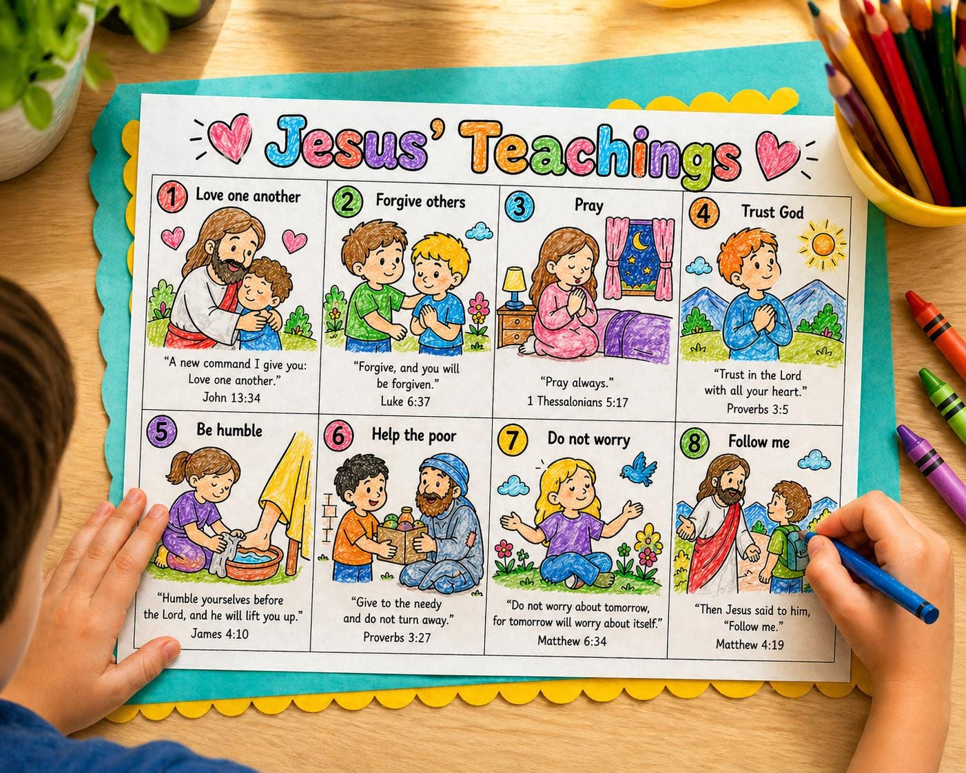 Jesus’ Teachings Coloring Page Printable | Bible Verses for Kids ...