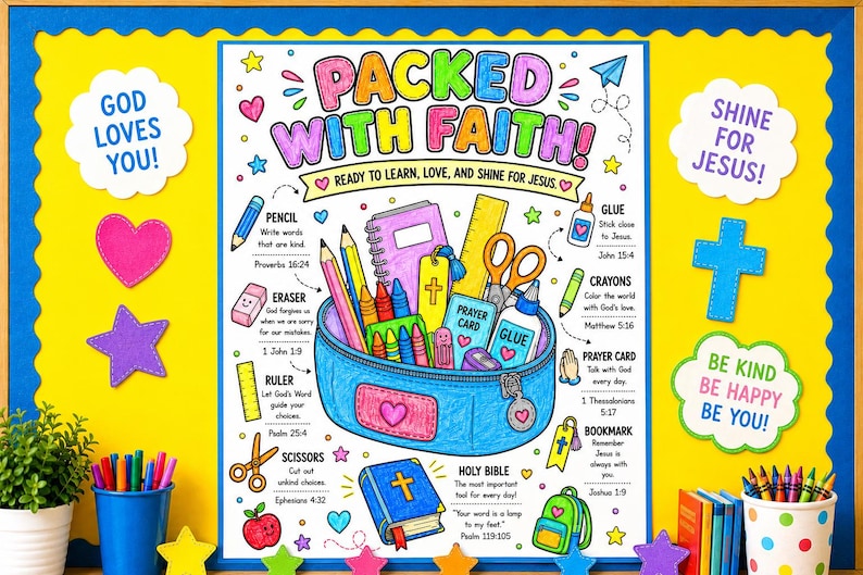 May include: A colorful educational poster titled PACKED WITH FAITH featuring a blue pencil case filled with school supplies like pencils, crayons, and a Bible. The poster includes text labels for items and scripture verses on a bright yellow background.