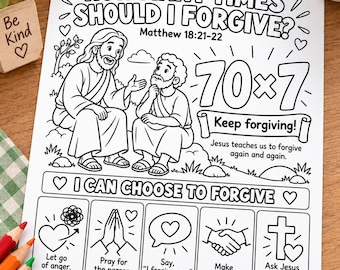 Christian Forgiveness Coloring Page for Kids, Matthew 18:21-22 Bible Activity, Sunday School Printable, Homeschool, Christian Kids Worksheet