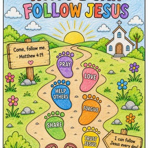 Op de afbeelding: Kleurrijke illustratie getiteld "WAYS I CAN FOLLOW JESUS". Een pad met voetafdrukken met de woorden "PRAY", "LOVE", "HELP OTHERS", "SHARE", "FORGIVE" en "TRUST JESUS" leidt naar een kerk. Tekst bevat "Come, follow me. - Matthew 4:19" en "I can follow Jesus every day!"