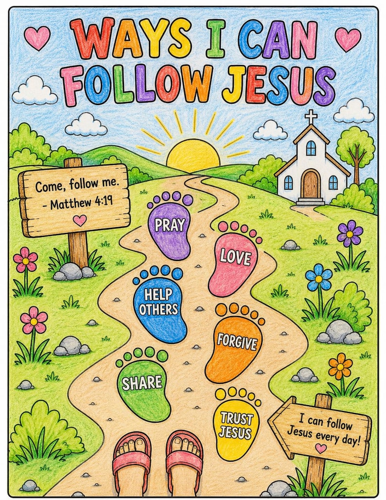 Op de afbeelding: Kleurrijke illustratie getiteld "WAYS I CAN FOLLOW JESUS". Een pad met voetafdrukken met de woorden "PRAY", "LOVE", "HELP OTHERS", "SHARE", "FORGIVE" en "TRUST JESUS" leidt naar een kerk. Tekst bevat "Come, follow me. - Matthew 4:19" en "I can follow Jesus every day!"