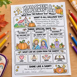 May include: A printed educational worksheet titled Halloween & All Saints' Day featuring illustrations of pumpkins, a church, a candle, and religious figures. The text explains the origins of All Hallows' Eve, All Saints' Day, and All Souls' Day.
