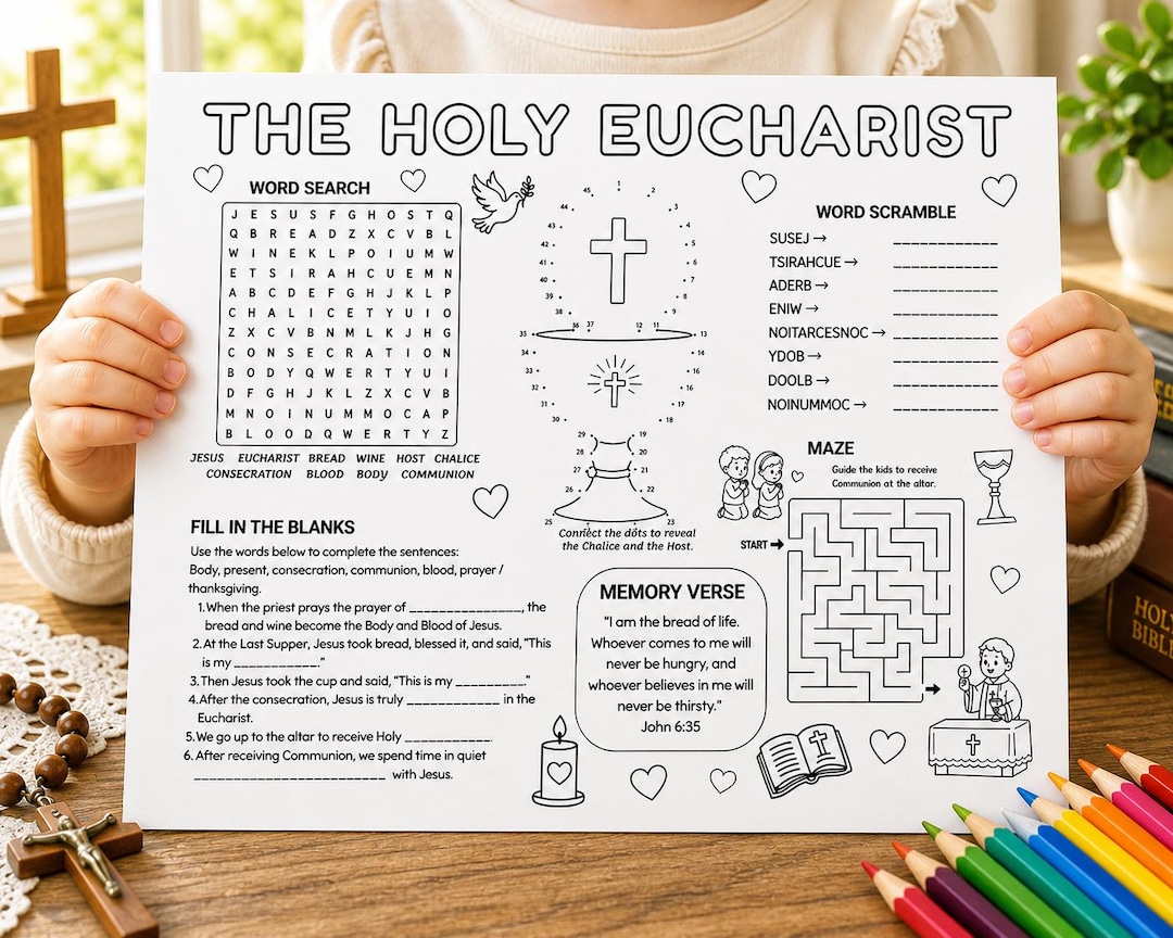 Holy Eucharist Activity Placemat for Kids, First Communion Worksheet ...