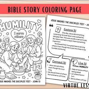 Op de afbeelding: Een zwart-wit kleurplaat met bijbelverhaal met de tekst "Bible Story Coloring Page" bovenaan. De pagina bevat illustraties van Jezus die de voeten van de discipelen wast en tekst over nederigheid.