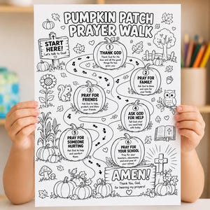 May include: A black and white printable activity sheet titled Pumpkin Patch Prayer Walk. The design features a winding path through numbered pumpkins, each with a specific prayer prompt, surrounded by illustrations of leaves, trees, and animals.