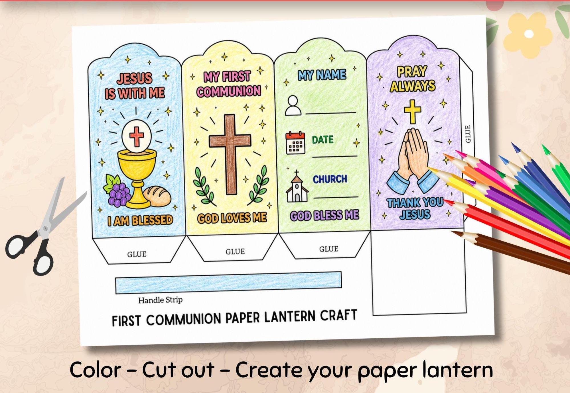 First Communion Prayer Lantern Craft for Kids, Coloring Activity ...