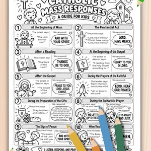 May include: A black and white printable Catholic Mass response guide for children featuring ten numbered sections with illustrations of religious symbols and characters, accompanied by colored pencils in yellow, orange, blue, and green.