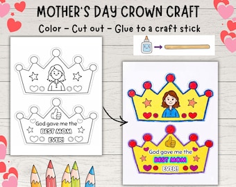 Manualidad imprimible de corona para el Día de la Madre / Manualidad cristiana para niños / Actividad para el Día de la Madre basada en la fe / Manualidad para la escuela dominical / Regalo para mamá
