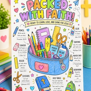 May include: A colorful educational activity sheet titled PACKED WITH FAITH! featuring a blue pencil case filled with school supplies like a notebook, ruler, scissors, and glue, surrounded by labeled illustrations and scripture references.