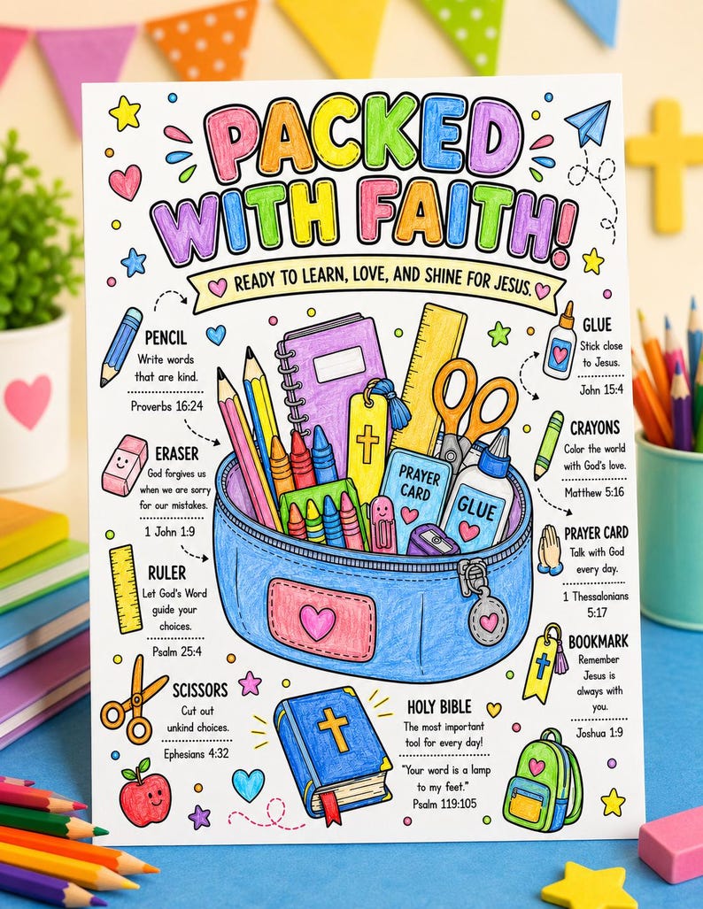 May include: A colorful educational activity sheet titled PACKED WITH FAITH! featuring a blue pencil case filled with school supplies like a notebook, ruler, scissors, and glue, surrounded by labeled illustrations and scripture references.
