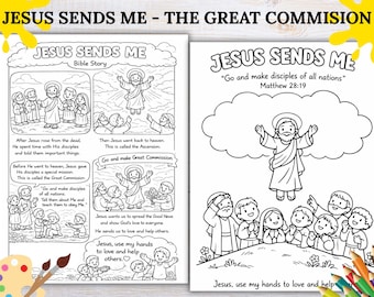 Jesús me envía huellas de manos, página para colorear de la Ascensión de Jesús para niños, basada en la fe, página para colorear cristiana, actividad bíblica imprimible