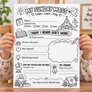 Puede incluir: Una hoja de actividades de papel blanco titulada My Sunday Mass con ilustraciones de líneas negras que incluyen una iglesia, una paloma, un cáliz y una Biblia. La hoja presenta secciones para completar detalles sobre el servicio y oraciones.