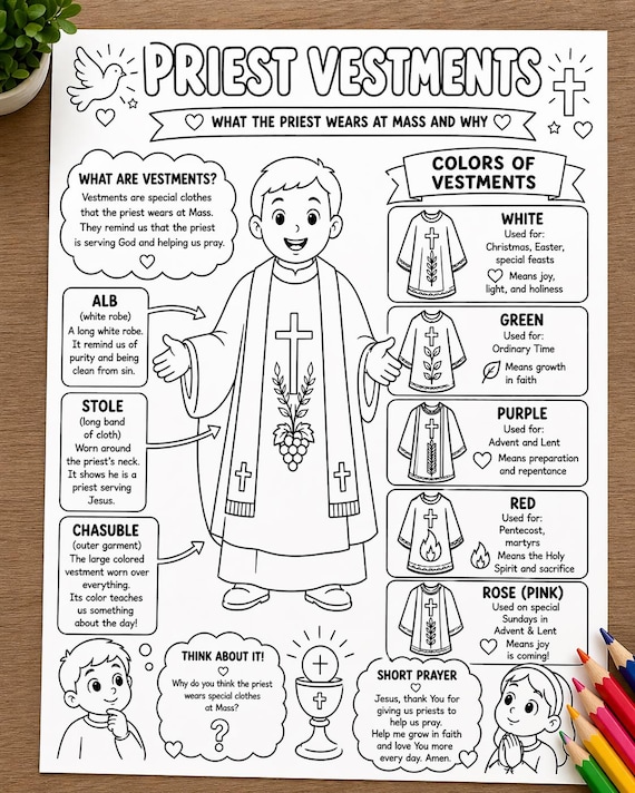 Catholic Priest Vestments Coloring Page for Kids | Liturgical Colors Printable | Catholic Learning Worksheet | Mass Activity, Sunday School